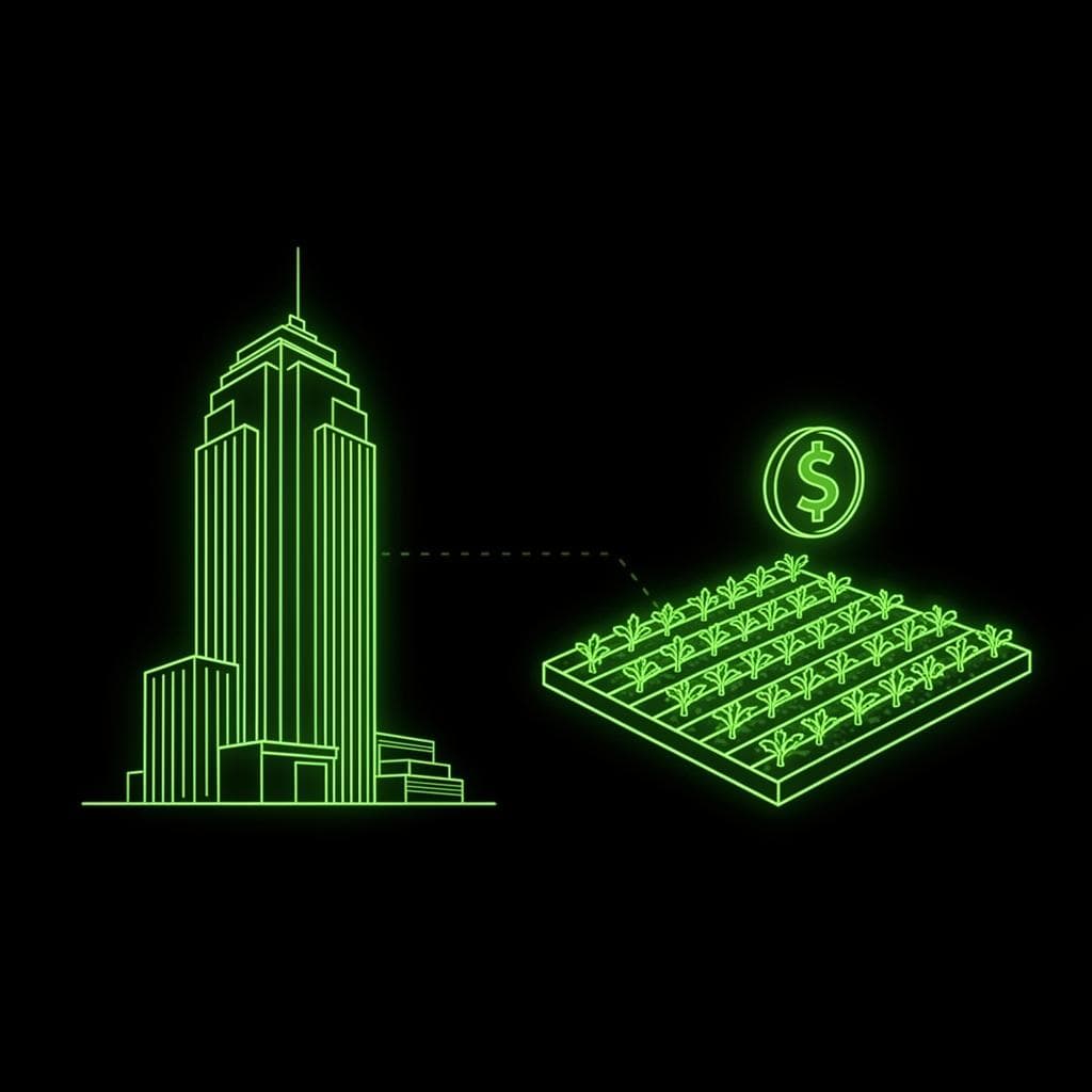 Corporate building connected to farmland with money symbol, representing capital barriers