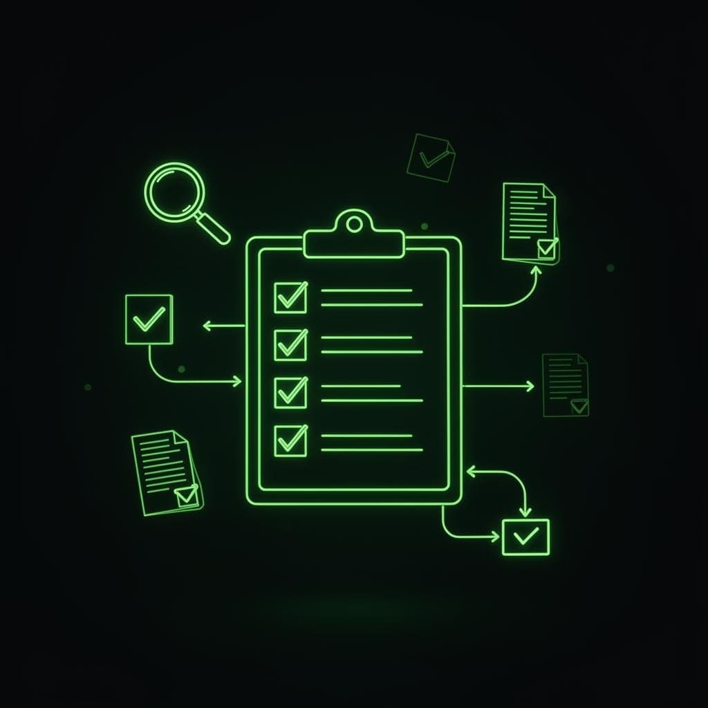 Clipboard with checklist surrounded by verification documents and magnifying glass